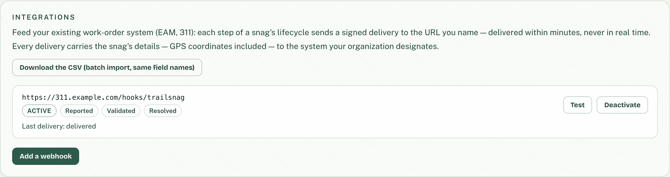 The Integrations section: an active 311 endpoint, the lifecycle steps it receives, a Test button, and the last delivery.
