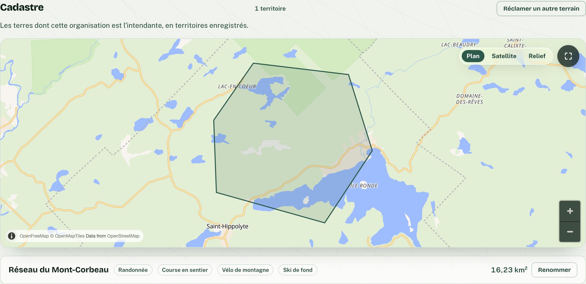La fiche de territoire de l’organisme : son territoire dessiné sur la carte, avec le nom du réseau, les sports pratiqués et la superficie.